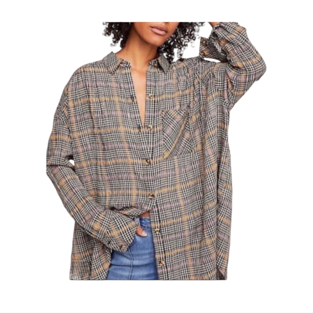 Free People Break My Stride Metallic Plaid Button Down Shirt